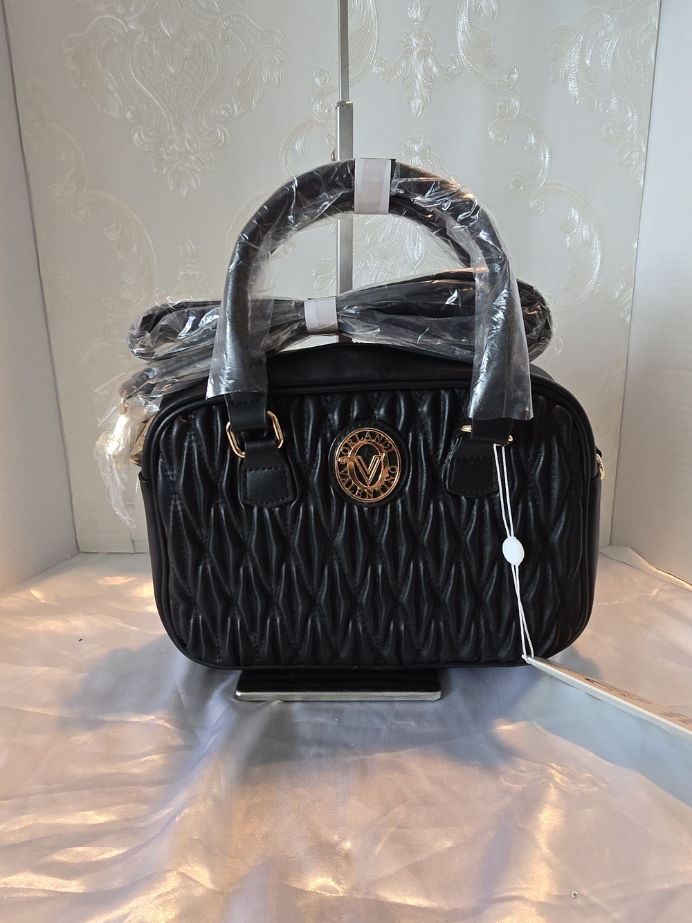 VALENTINO ORLANDI Quilted Black Top-Handle Satchel Bag With Crossbody Strap